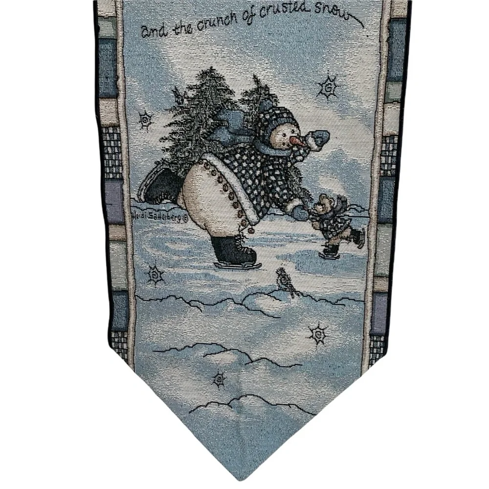 Vintage MOHAWK HOME Table Runner Textured Skating Snowman and Bear Blue Jay